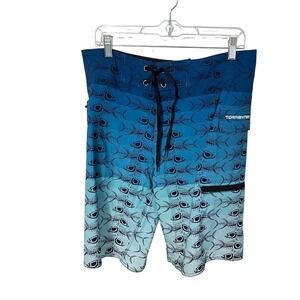Tormenter Board Shorts Mens 32 Blue Fish Skeleton 4-Way Stretch SPF-35 Premium